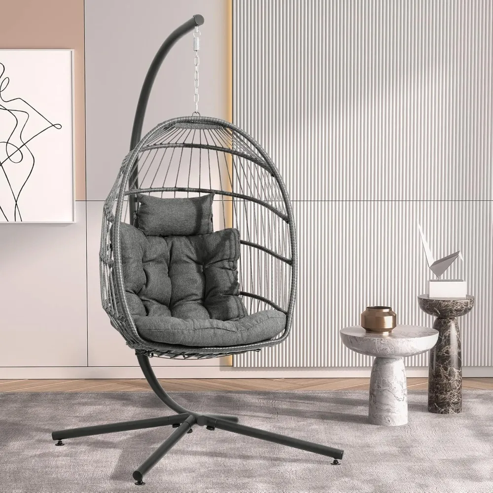 

Egg Chair with Stand, Outdoor Wicker Egg Chair with Cushion Headrest for Patio Bedroom Porch Garden, 350LBS Capacity(Dark Grey)