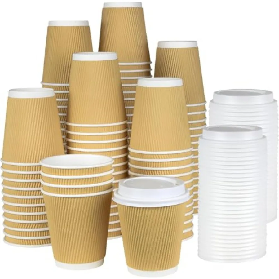 

Set of 150 Brown Disposable Paper Cups with White Lids 6 oz Ripple Insulated Kraft for Hot Drinks Tea Coffee Triple Layer Desig