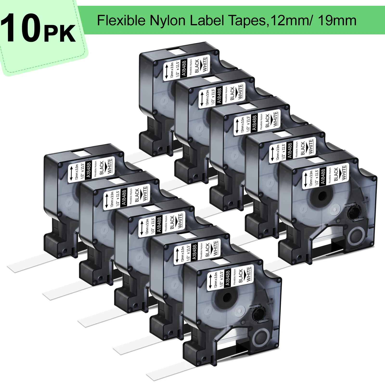 

3-10PK Flexible Nylon Labels Compatible for Dymo A18488 A18490 (S0718100 S0718080) Ribbon 12/19mm Tape for DYMO Rhino 1000 5200