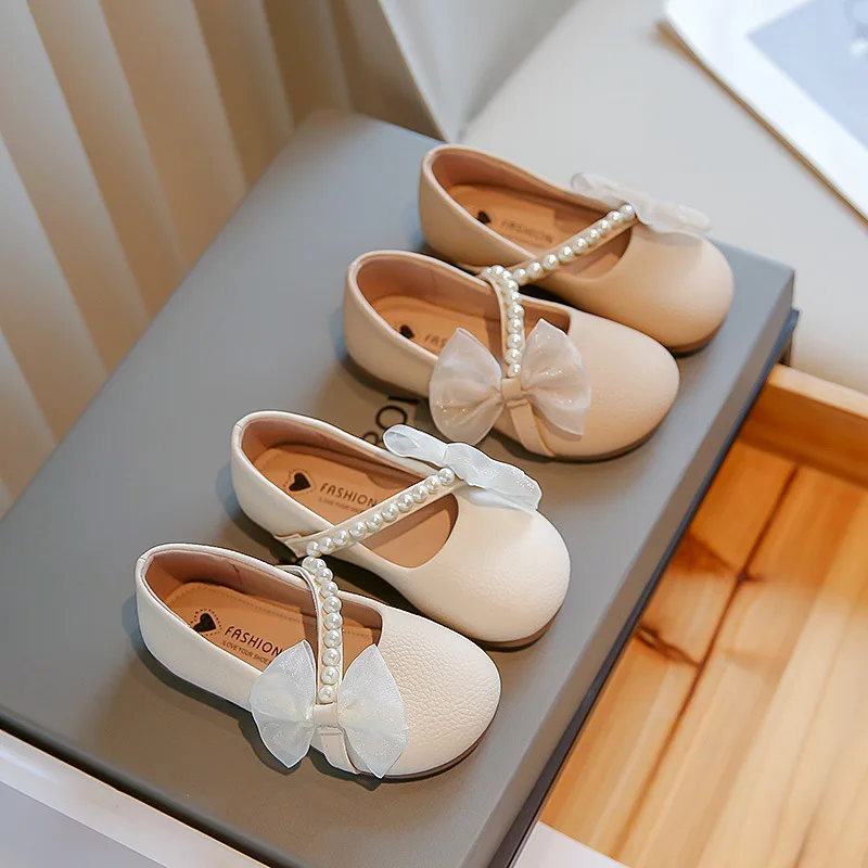 New Girl Princess Leather Shoes Chic Versatile Soft Elegant Fashion Lace Bowknot Beading Kid Loafers Wedding Slip-on Mary Janes
