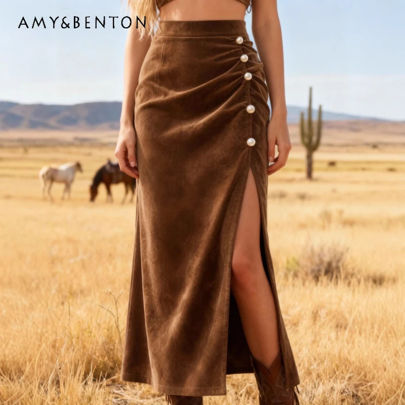 

European American Suede Women's Long Skirt 2026 Spring New High Waist Slimming Mid-Length Elegant Slit Bodycon Skirts Ladies
