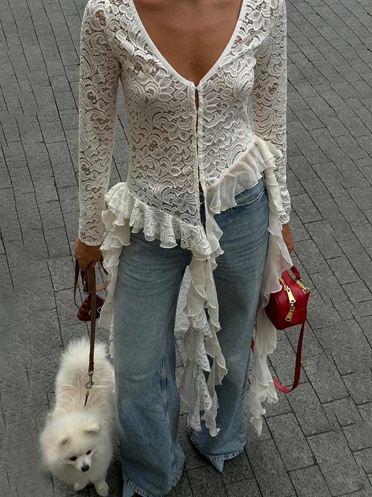 

White Ruffle T-Shirt Women Fashion Lace Irregular Ruffle Patchwork Cardigan Sexy V-Neck Party Streetwear Tops Female