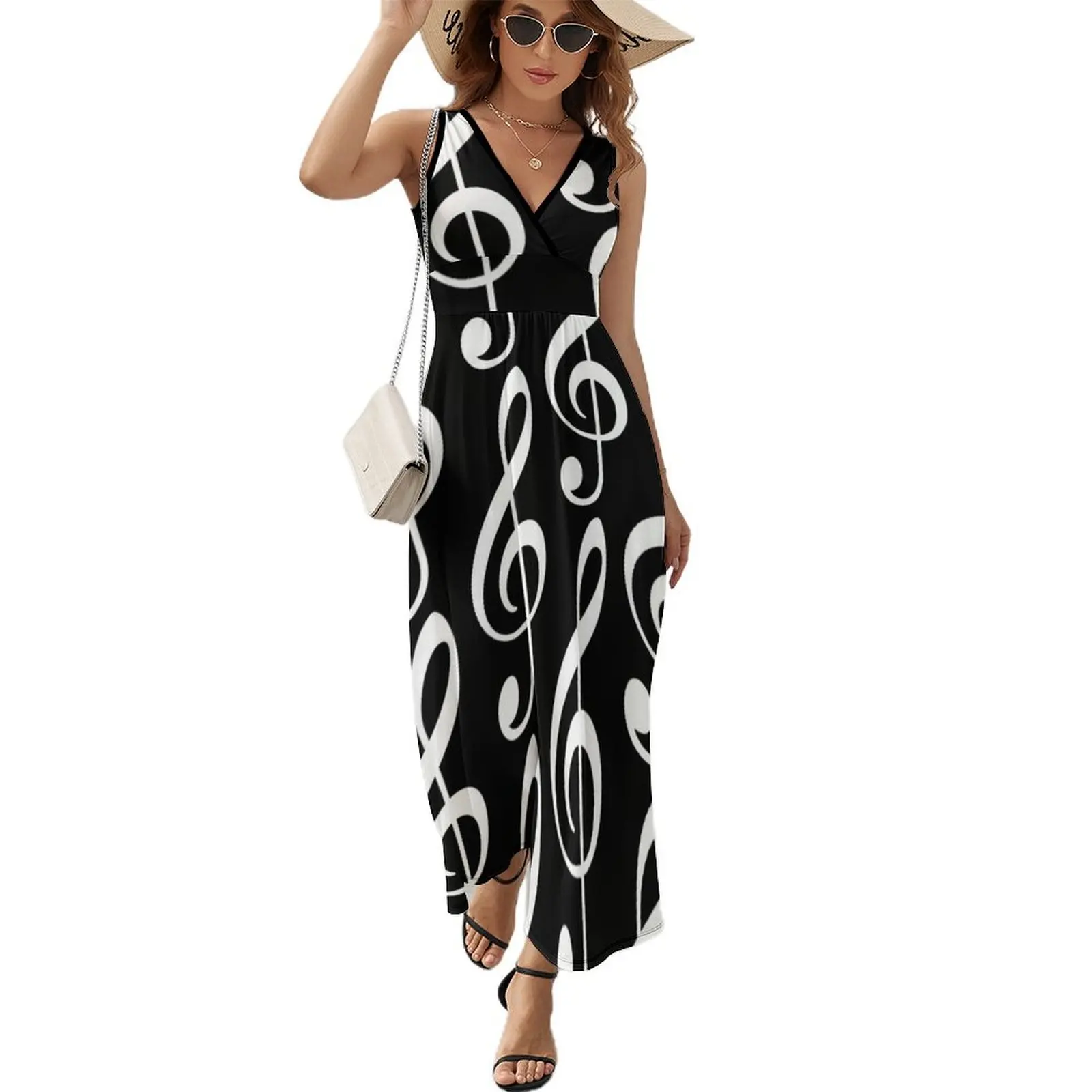 

White Treble Clef on Black Sleeveless Dress womans clothing long dress women loose women's dress luxury evening dresses 2024