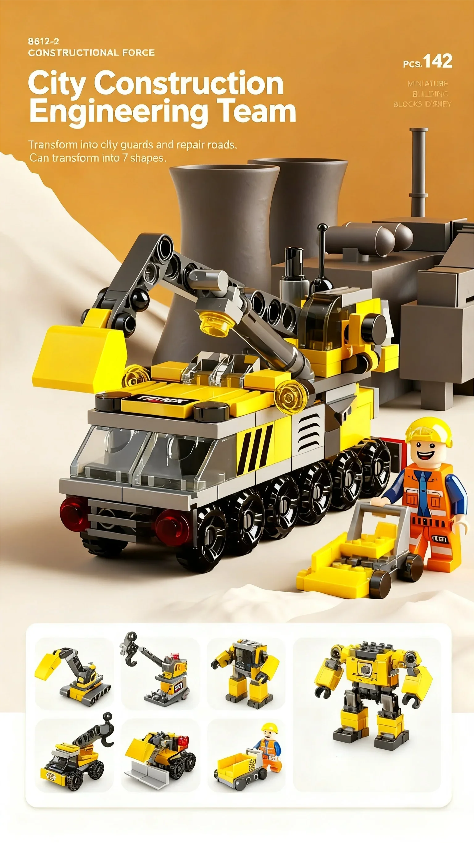 6-in-1 Mega-Stadt-Baukasten - Polizeiauto, Feuerwehrauto, Kran, Panzer, Hubschrauber & Mehr, Bauingenieur-Spielzeug Geschenk – Detail 11