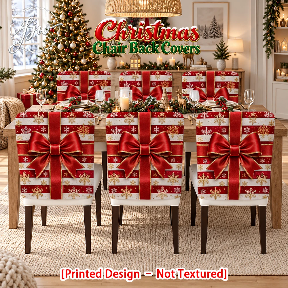 6/4/2pc Christmas Snowflake Striped Chair Back Covers with Big Red Bow, Holiday Dining Chair Slipcovers for Xmas Party Decor