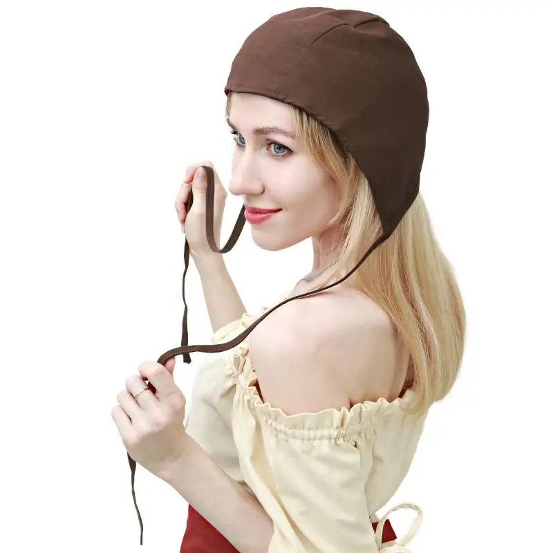 DAZCOS Medieval Coif Cap Linen Cap Women's 13-15 Century Cap Victorian Hat Colonial Cosplay Headwear Red Brown White Black