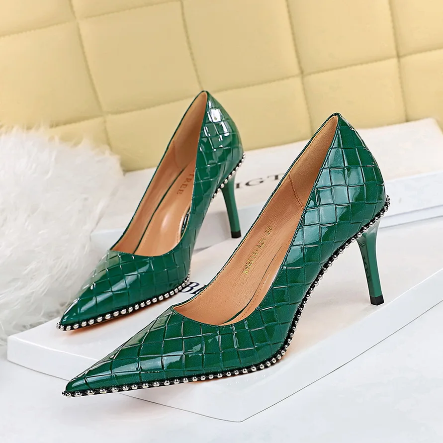 

BIGTREE Plus Size 43 Newest Weave Women High Heels Green Pumps Sexy Rivet Pointed Toe Slip-On Female Stripper Fetish Shoes