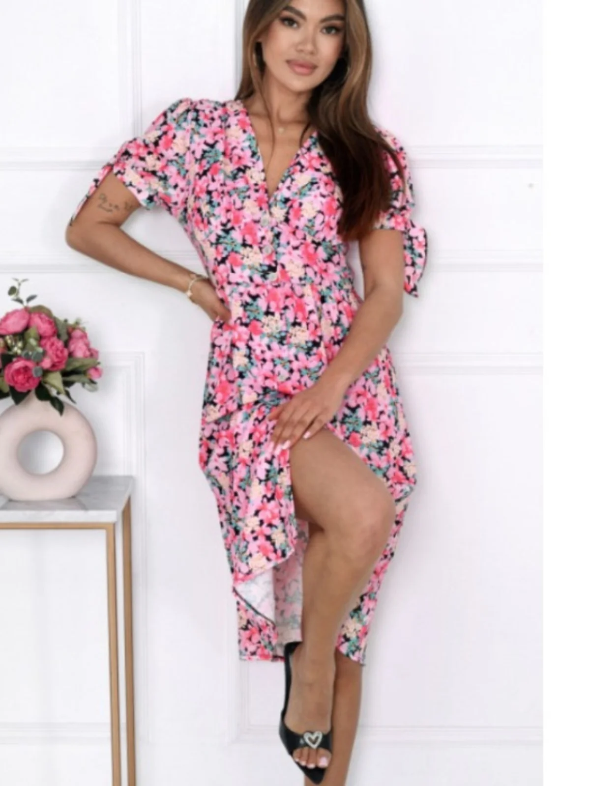 Słodka Letnia Nowa Moda Dekolt V Jedno Guzik Kwiatowy Wzór Talia Krótki Rękaw Damska Sukienka Eleżancka Elegancka Drukowana Rozkloszowana Midi...