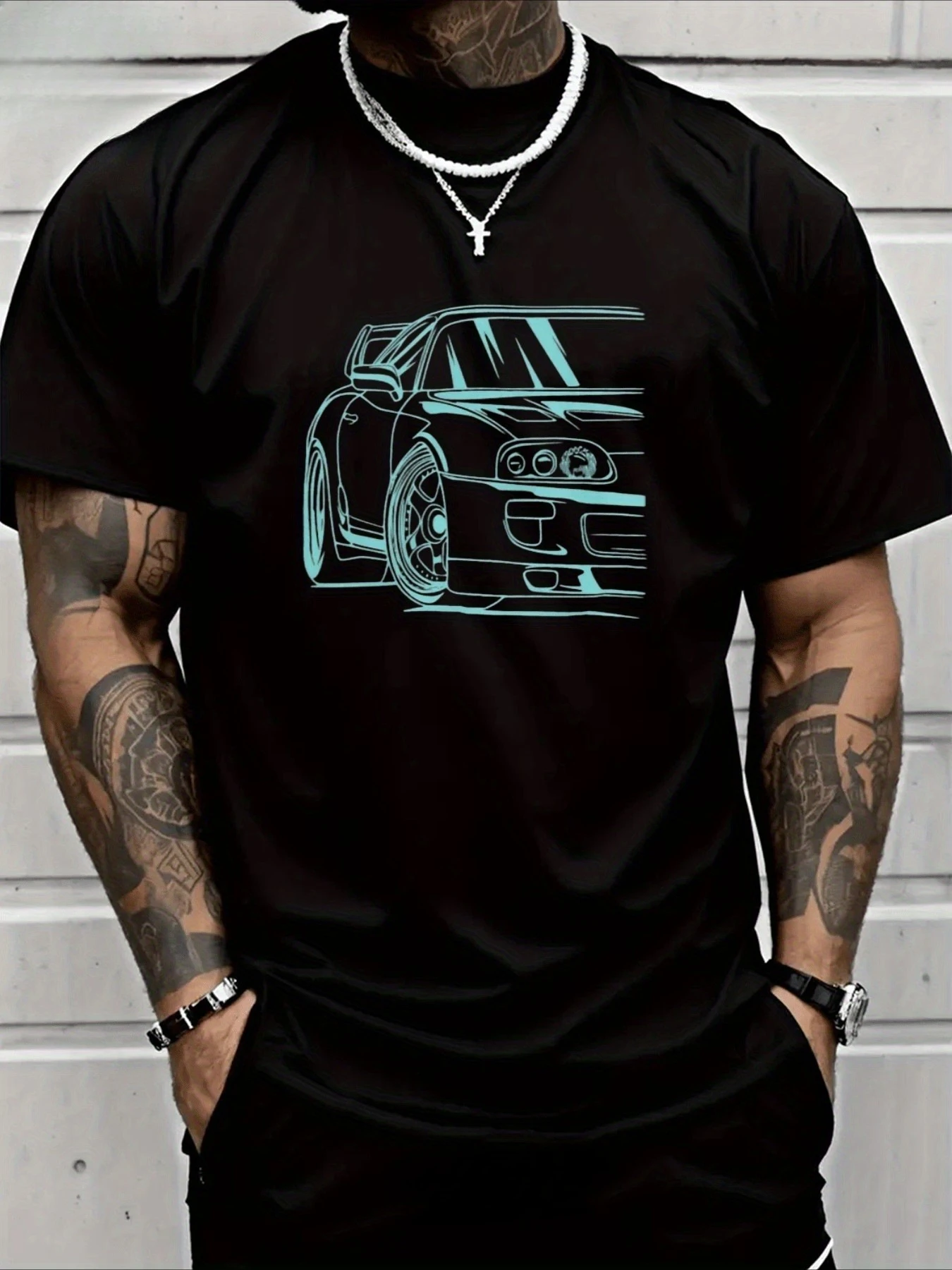 Teal Car Design-100% cotton summer casual O-neck short sleeve printed men's T-shirt.