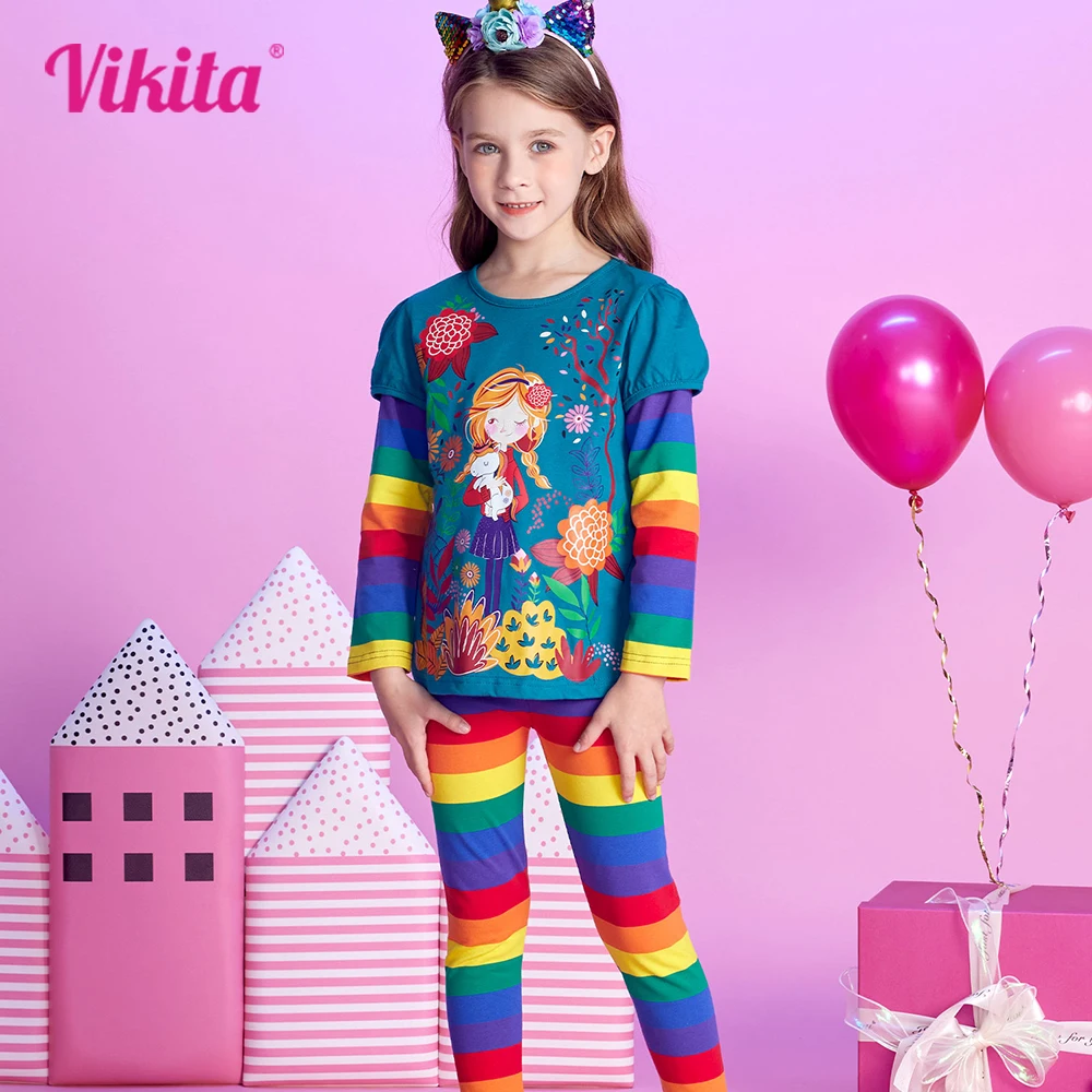 VIKITA Girls Clothing Sets Kids Flower Print Cotton Casual Long Sleeve T Shirt and Rainbow Striped Leggings Trousers Pants 2 Pcs