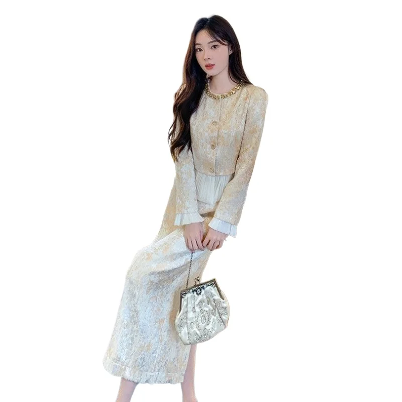 [Two-piece Set] 2026 New Spring Autumn New Chinese-style High-end Coat Skirt Temperament Commutingbelly Cover Set Female G0168