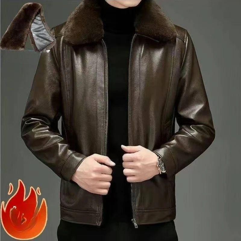 

Флисовая утолщенная куртка из искусственной кожи для среднего и пожилого возраста, свободное повседневное пальто большого размера для папы, новая мужская куртка из искусственной кожи