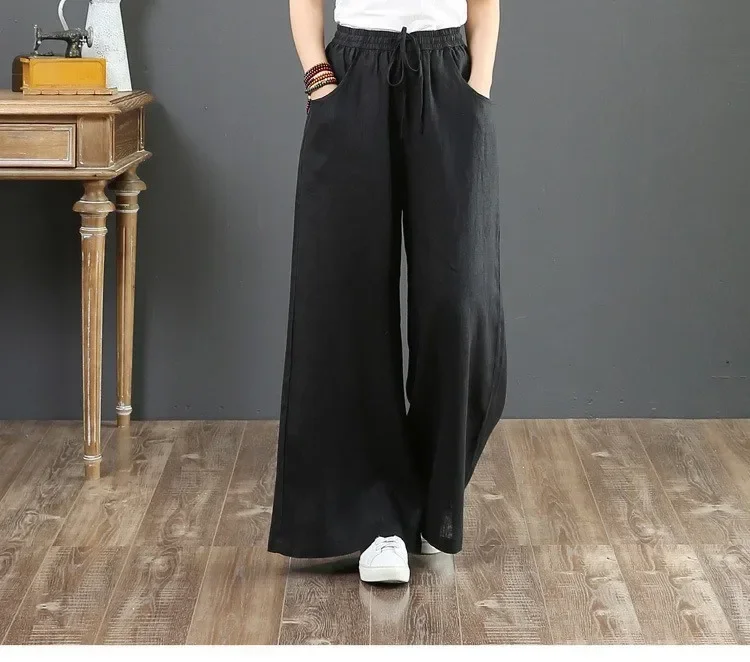 

Pop Loose Wide Leg Cotton Linen Women's Pants High Waist Floor Length Straight Cut Plus Size Spring Summer Fashion Trousers