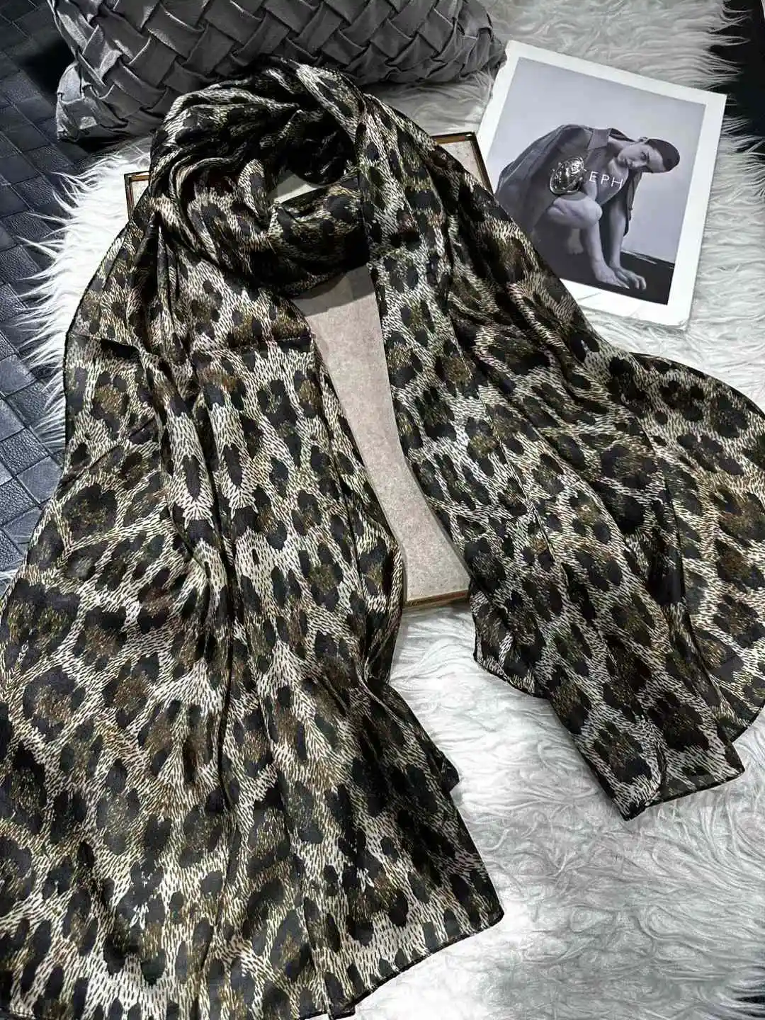 

BYSIFA|Grey Black Silk Scarf Shawl Women Leopard Print Scarf Cape Fall Winter100% Mulberry Silk Long Scarves Summer Beach Shawls