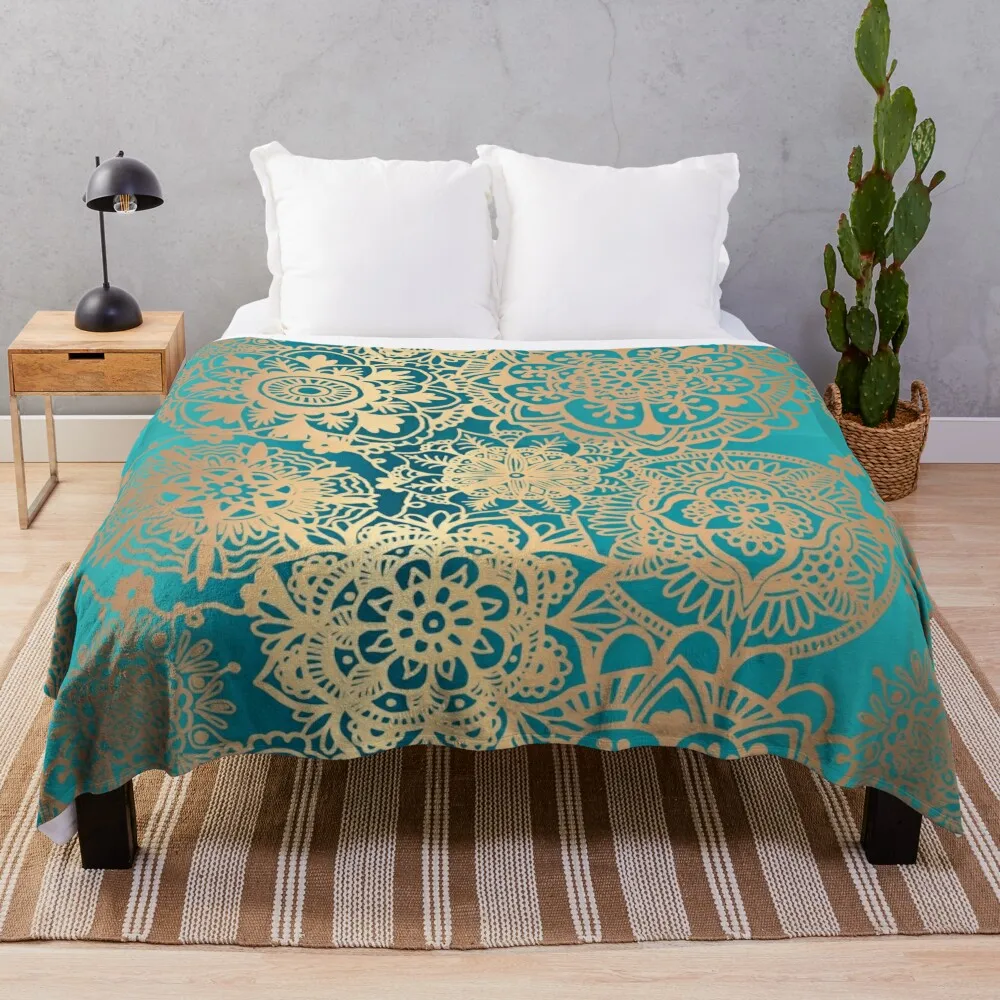 

Teal Green and Gold Mandala Pattern Throw Blanket Luxury Decorative Sofas Quilt Blankets