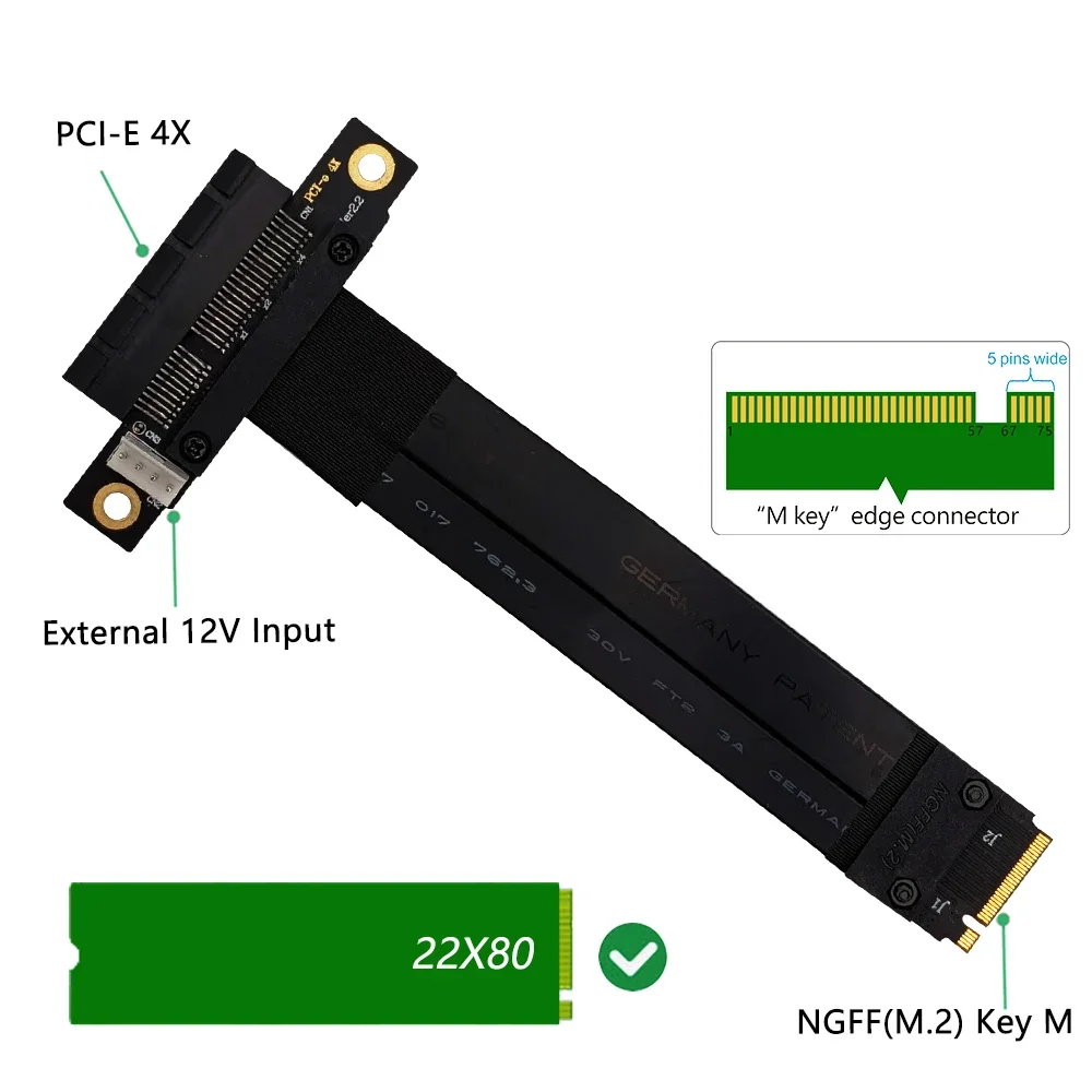 Удлинительный кабель M2 PCI Express 32G/bps Gen3.0 Удлинитель кабеля PCIe x4 3.0 PCI-E 4x к M.2 NGFF NVMe M Key 2280 Riser Card