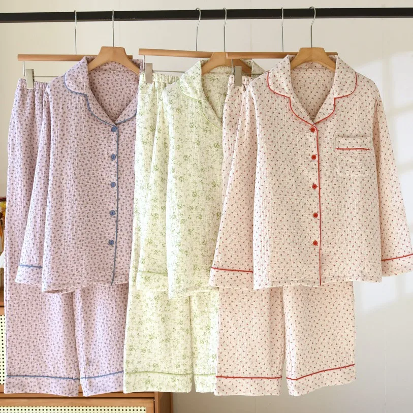 

Women's Floral Print Pajama Set Cotton Crepe Long Sleeve Shirt Pants Two Piece Home Clothes Sleepwear Ladies