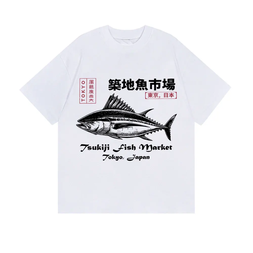 Japanese Tsukiji Market Funny Fish Merch T-Shirts Mens Clothing Fashion Oversized T Shirt Unisex Summer O-Neck Short Sleeve Tees