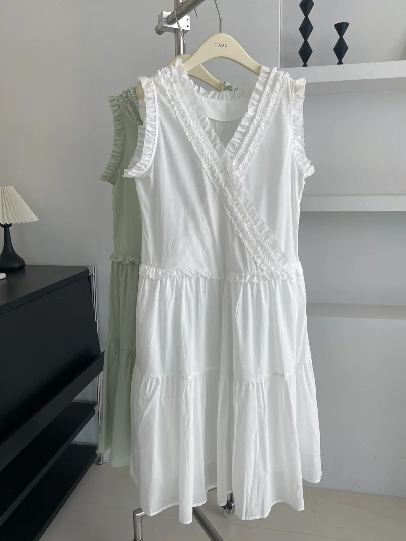 Borda fungo preta em camadas frias, frente e verso, dois vestidos colete sem mangas, vestido feminino doce branco luar