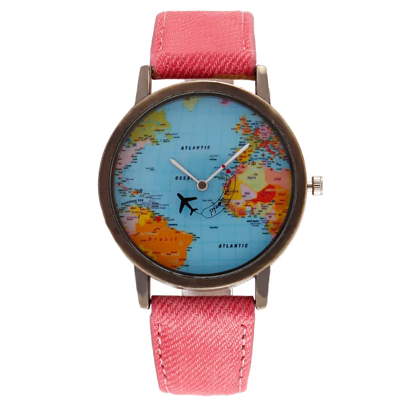 Men Quartz Wrist Watch World Globe Airplane Dial Denim Strap Fashion Casual Business Boy Gifts Male Business Wristwatch