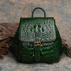 Vintage Women Genuine Leather Backpack Crocodile Pattern Women's Real Cow Leather Bagpacks Luxury Anti-theft Ladies Travel Bag