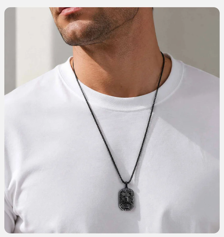 Vnox Herren 3D-Masken-Gesichts-Hundemarken-Halskette, Schwarz-Silberfarbener Edelstahl 60cm Kastenkette Hip-Hop Punk Schmuck Geschenk für Ihn – Detail 2
