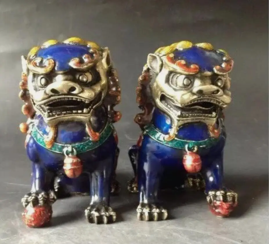 

Old Fengshui bronze Cloisonne Guardion Fu Foo Dogs Lion beast statue pair