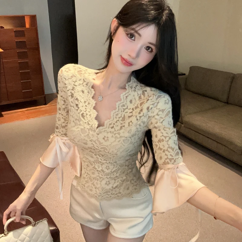 Korean Fashion Women Lace Shirt Flare Sleeve Crochet Blouse Spring Summer Sweet V Neck Slim Lady Tops