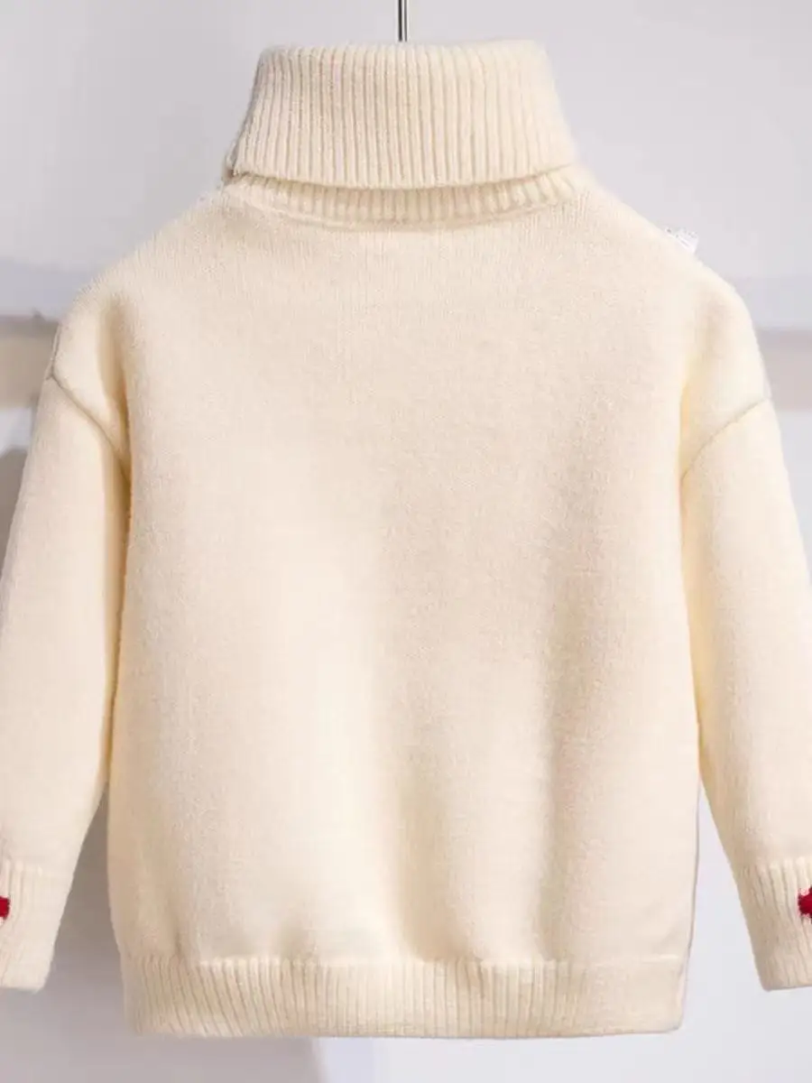 Girls' Knitted Sweater High Fleece Lining Children's Heart-Patterned Wool Top Girls' Thickened Winter Base Layer Knit Top