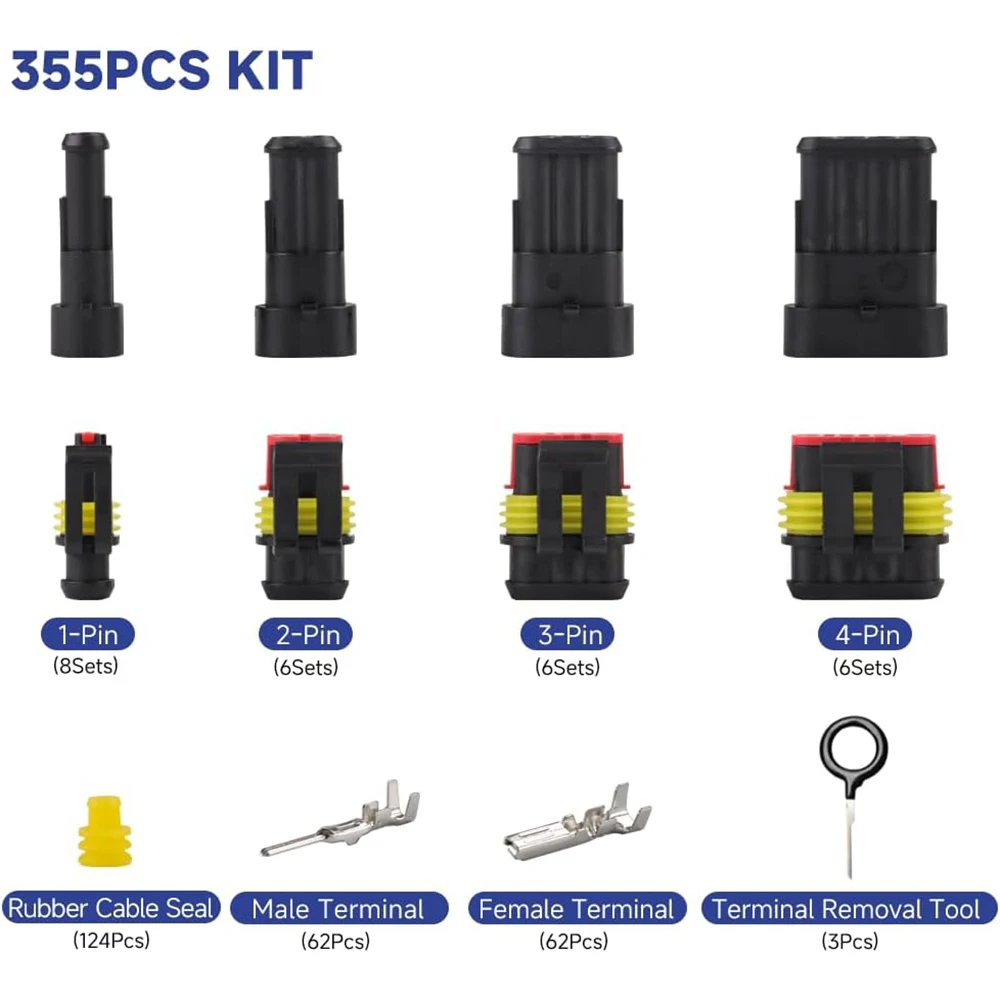 355Pcs 1/2/3/4 Pin Waterproof Car Electrical Cable Connector Terminals Automotive Electrical Male Female Wire Connector Plug Kit