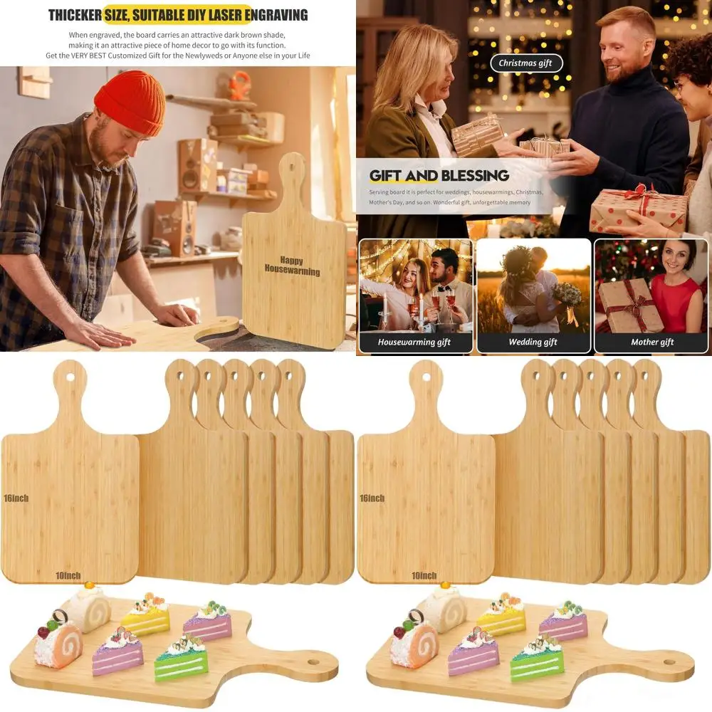 

Set of 6 Bamboo Cutting Boards with Handles, 16x10 Inches - Ideal for Kitchen, Serving, Engraving, and Gifts