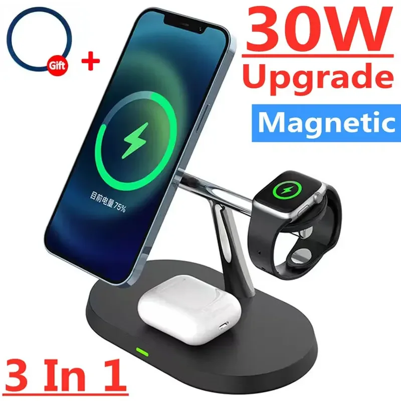 Magnetic Wireless Charger Stand for iPhone 15 14 13 12 Pro Max Apple Watch 9 8 7 Airpods Pro 3 In 1 Fast Phone Charging Sation