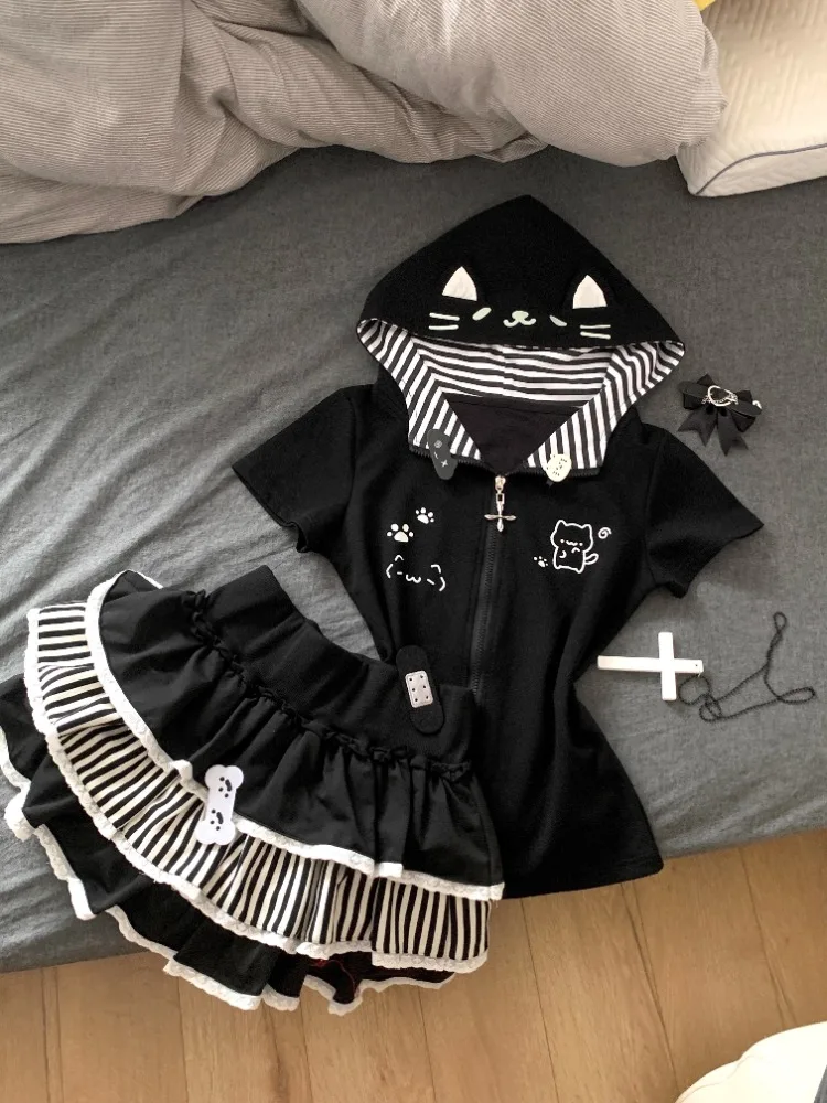 

Sweet Print Short Sleeve Zipper Hoodie Top for Women+ Y2k High Waist All-match Cake Skirts 2025 Summer New Two Piece Sets