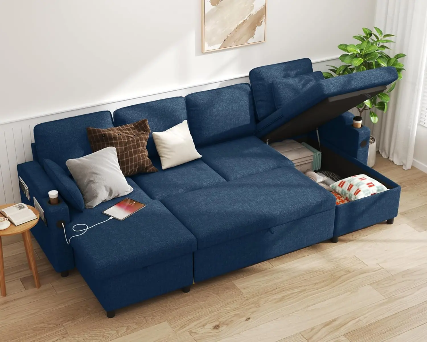 Sofa Bed Pull Out Couch Sleeper with Double Storage Chaise, U Shaped Convertible Sectional Sleeper Sofa for Living, Customized