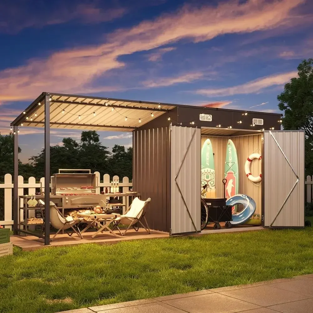 Outdoor Storage Shed & Hardtop Gazebo Combo, 12x4 Metal Lean-to Shed with Open Pergola, 2-in-1 Garden Tool Shed or Patio Shelter