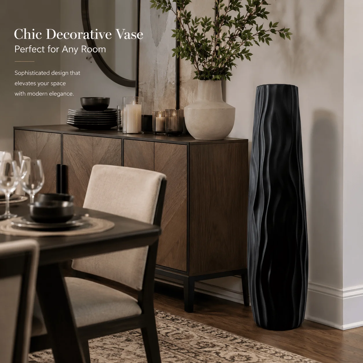 22.83inch Tall Large Black Plastic Floor Vase, Modern Wavy Textured Flower Vase, Shatterproof Decorative Statement Ornament for Living Room, Entryway, And Home Decor