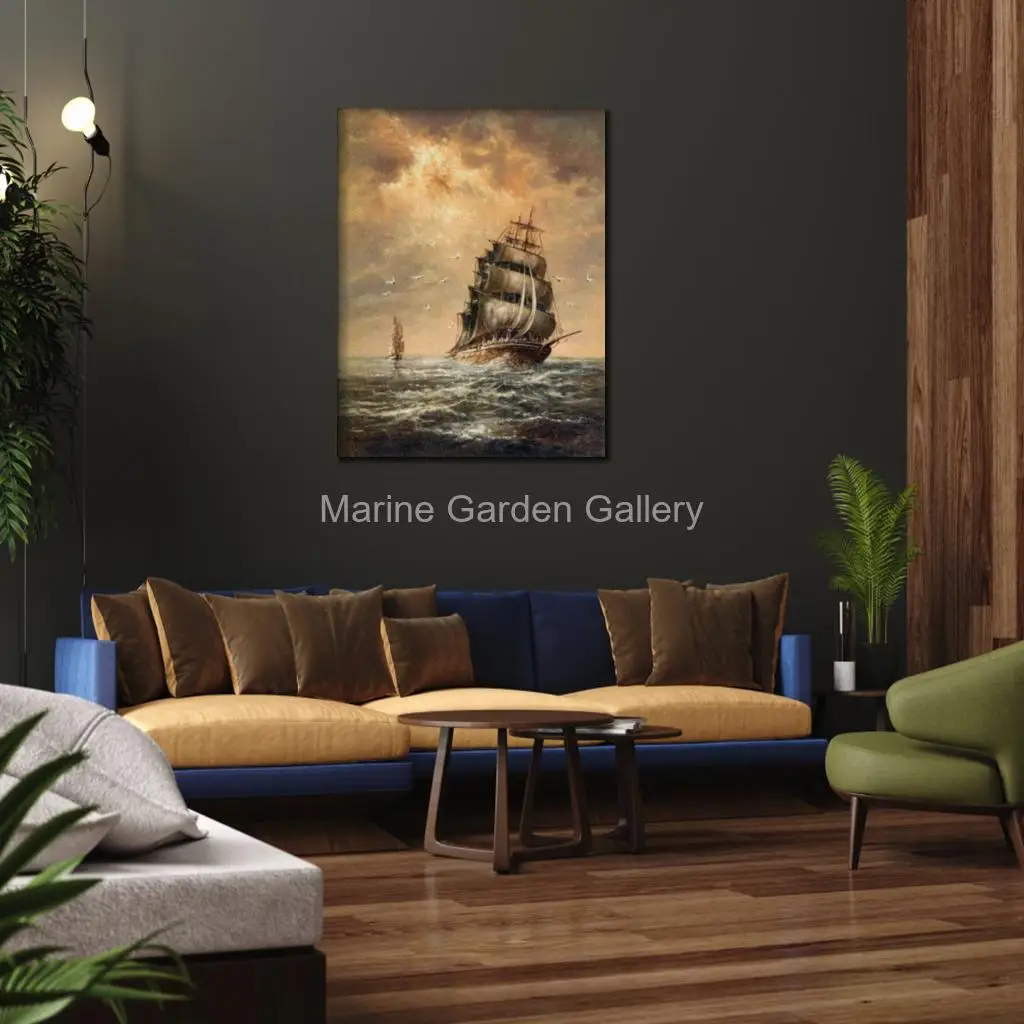 Sailing Ship Abstract Canvas Art Textured Handmade Oil Painting Modern Seascape Artwork Romantic Living Room Hallway Decor Large