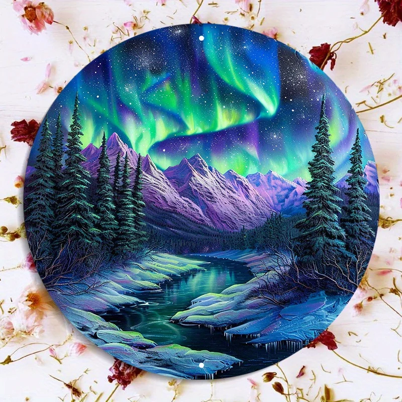 1pc Aluminum Round Metal Sign - Northern Lights Scenery - Waterproof & Weather Resistant Outdoor Wall Decor with Pre-drilled Hol