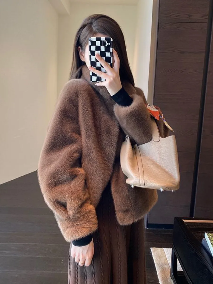 Fur Stand Collar Short Fur Jacket Ladies Long Sleeves Plush Outerwear Women Autumn Winter Female Lamb Wool Faux Fur Coat Tops