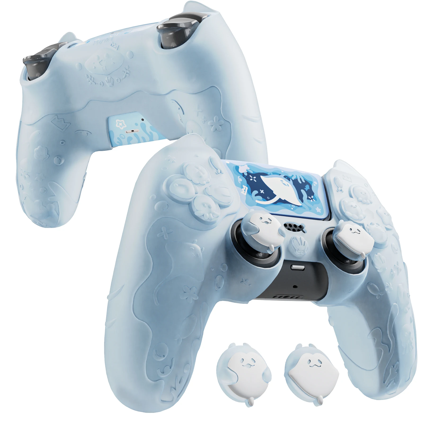 PlayVital Ocean Whisper Series Housse en silicone pour manette PS5, coque souple semi-transparente avec poignées pour le pouce, autocollants, bleu menthe