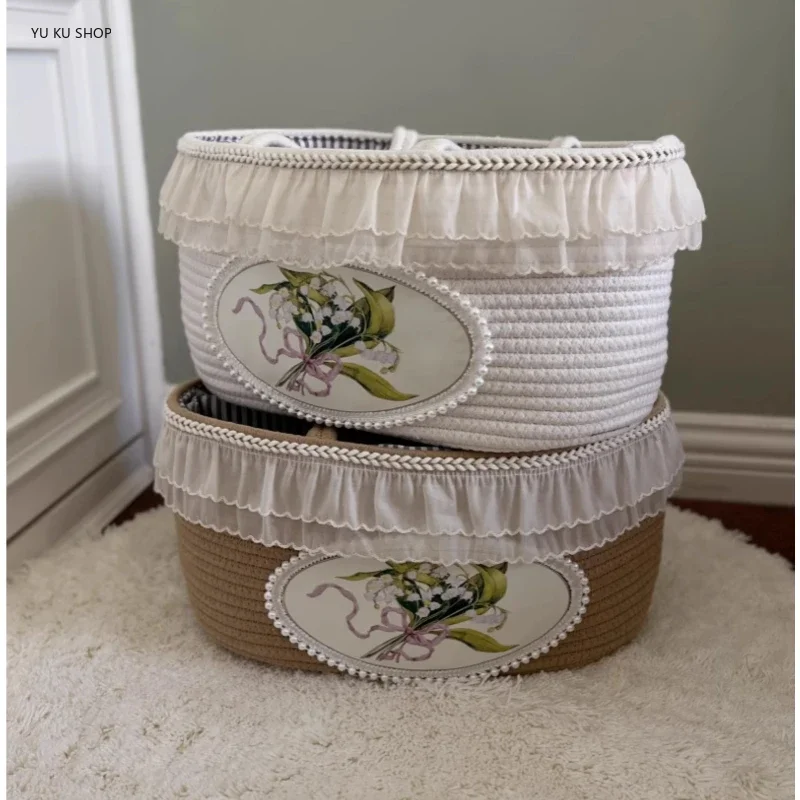 Large Portable Storage Basket Lace Lining Storage Basket French Picnic Basket Home Socks Underwear Sundry Storage Organization