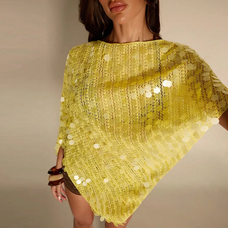 

Sexy Hot Girl Solid Color Cocktail Party Tops High Street Fashion Irregular Sequins Cloak Tops Chic Hollow Out Knit Glitter Tees