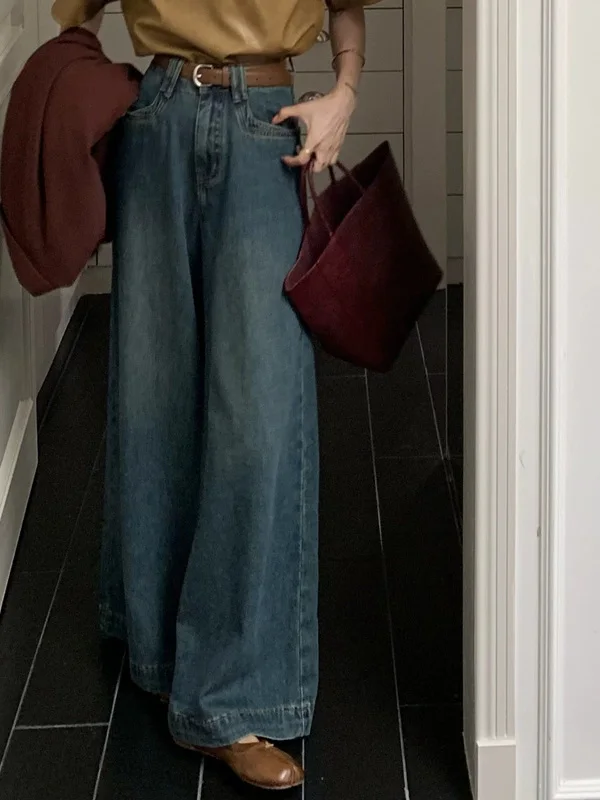 Damskie jeansy z wysokim stanem i szerokimi nogawkami, retro, luźny krój, maskujące niedoskonałości, długie spodnie, uniwersalne dżinsy denimowe na każdą porę roku.