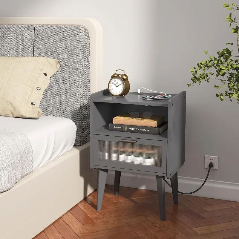 Nightstand with Charging Station, Nightstand Grey Side Table Side Table with 2 Layers Storage