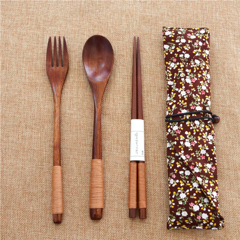 

Portable Tableware Wooden Cutlery Sets With Useful Spoon Fork Chopsticks Travel Gift Dinnerware Suit With Cloth Bag