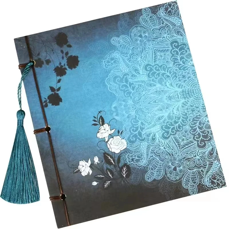 

Chinese Style Blue Rose Diary Notebook Tassel Stationery Retro Flower Sketch Book Diary Blank Notebook