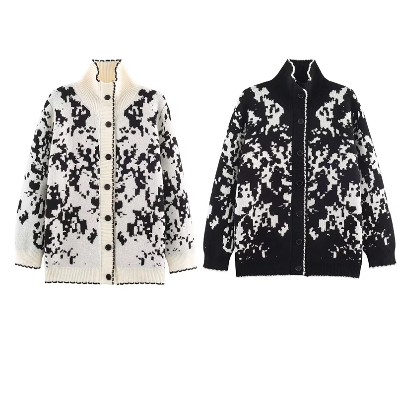 

2025 Winter new arrival, jacquard knit cardigan with black and white gradient pattern, high neck, open-front design.