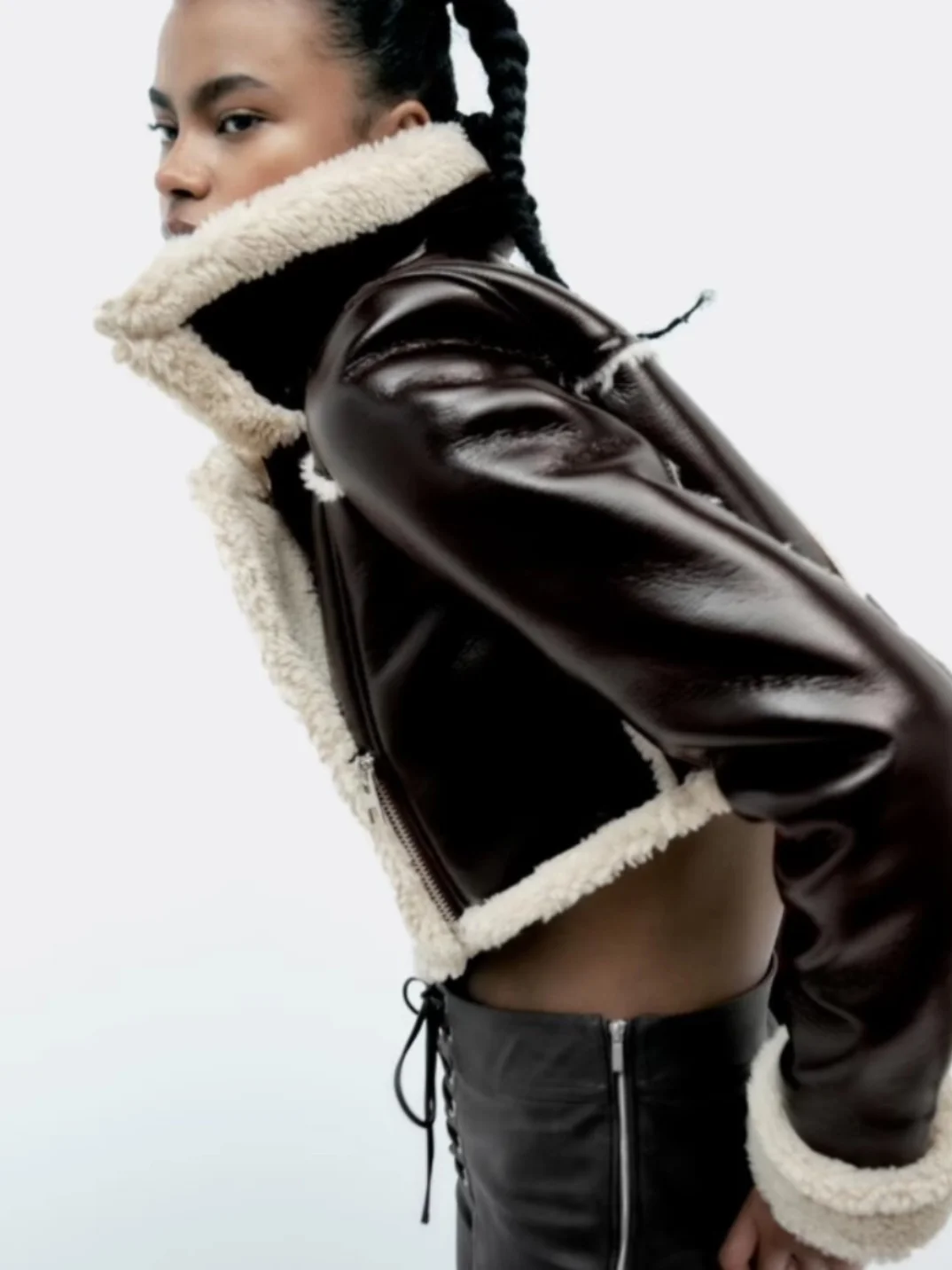 Jaqueta Curta Fena Dupla Face Super ssa de Lã com Efeito Couro Inteado, Estilo Casual de Negócios Quente com Fechame...