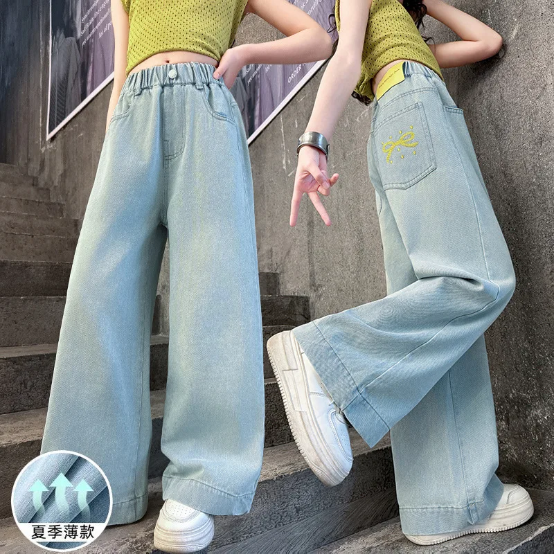 

New Arrival Kids Fashion Summer Jeans for Teen Girl School Wide-leg Denim Pants Children's Bow Embroidery Trousers Hot Selling