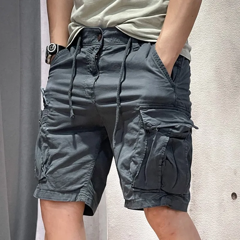 American Style Men Solid Color Super Stretchy Loose Fit Straight Multi Pockets Simple Basic Casual Cargo Shorts Male Fashion